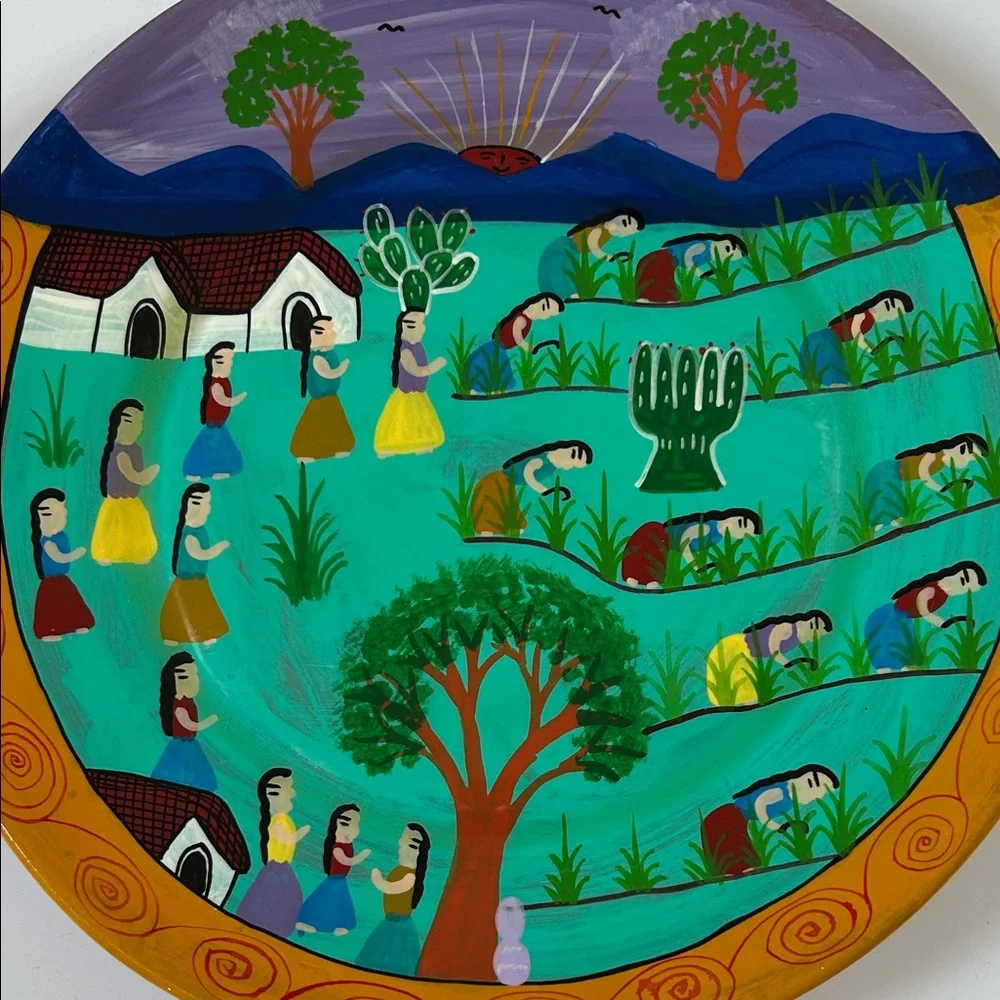 Vintage Handpainted Mexican Folk Art “ Village Women “ Wall Hanging Plate